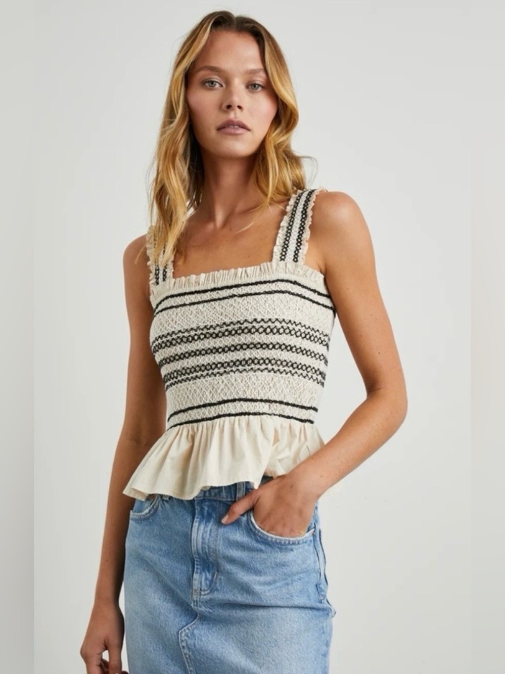 Rails Cecily Smocked Peplum Black Striped Top Tank size Medium